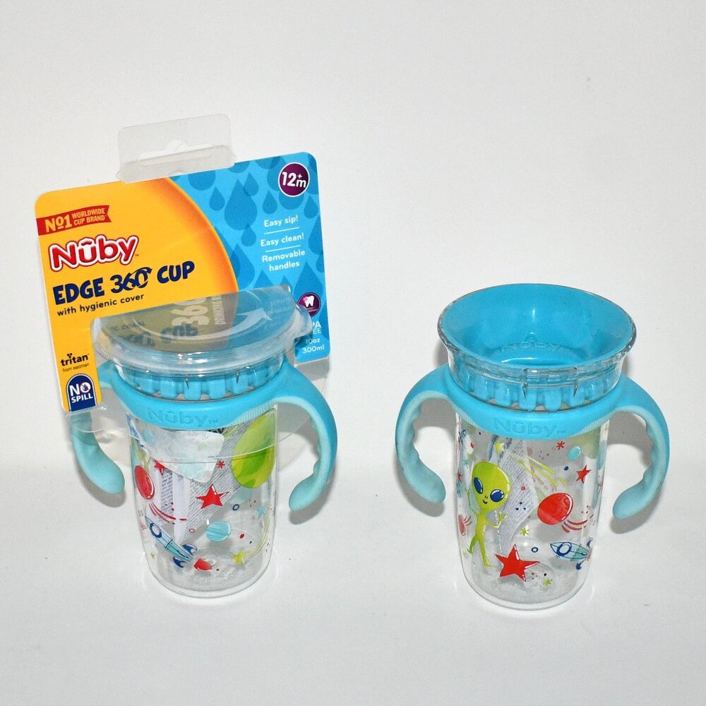 Nuby 360 Edge 2-Stage Drinking Rim Cup Set of 2 – Space Aqua – 10 oz – BPA Free